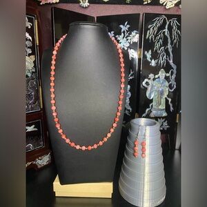 Handmade pink coral beaded necklace and earrings set